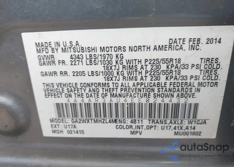 2014 Mitsubishi Outlander Sport Es z USA, uszkodzony, nr VIN 4A4AR3AU4EE024432